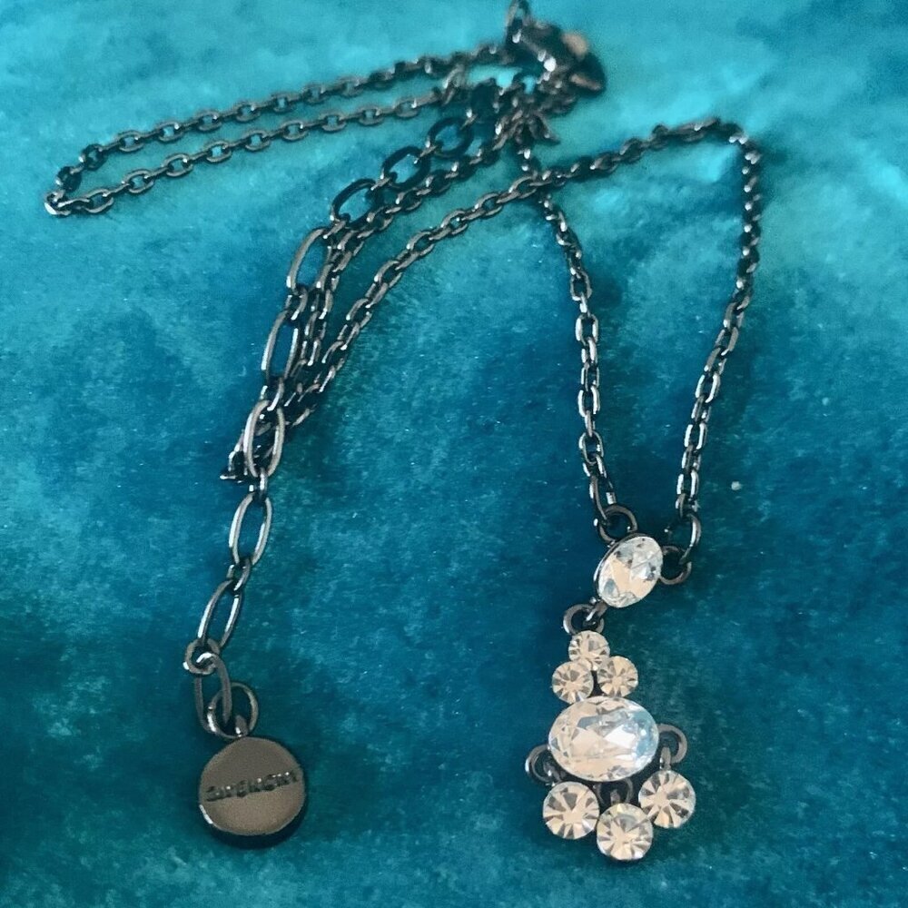 Vintage Givenchy pendant necklace - dark tone chain -Crystals - Logo charm